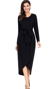 BY61818-2 Black Tulip Faux Wrap Sash Tie Jersey Dress
